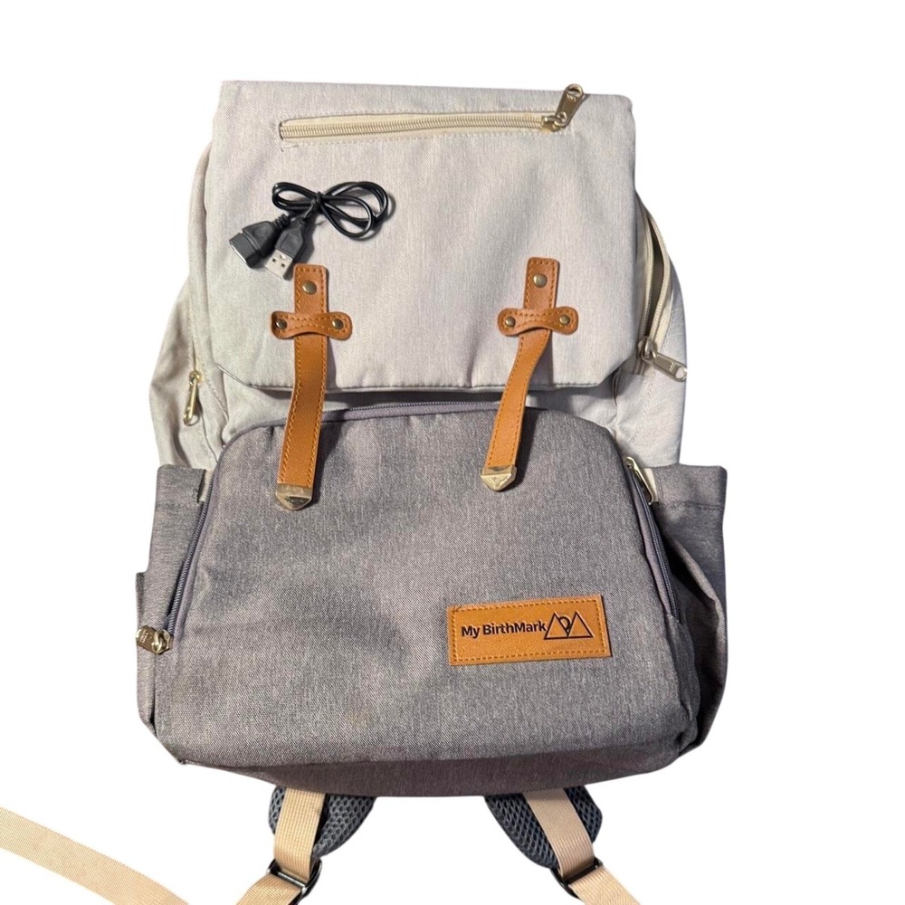 My Birthmark Diaper Bag Backpack Gray Beige Canvas Travel USB Charging Port